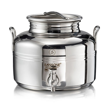 Sansone Jewel 5L/1.32 gal Fusti 18/10 Stainless Steel Canister, Spigot and 1L Oil Cruet  – NSF Certified for Holding Olive Oil and More 