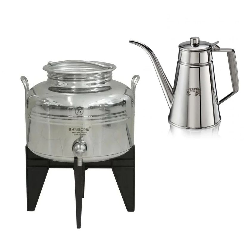 Sansone Jewel 5L/1.32 gal Fusti 18/10 Stainless Steel Canister, Spigot and 1L Oil Cruet  – NSF Certified for Holding Olive Oil and More – Made in Italy