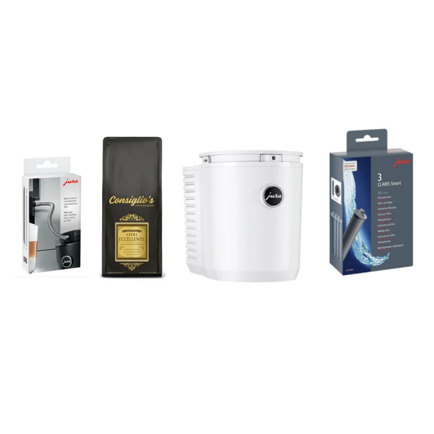 Free 616.90 Value + 1KG Fresh Roast Coffee! Jura 1L Cool Control White, HP3 Milk Pipe, 3 Smart Filters, 1KG Aroma Eccellente Fresh Roast Coffee