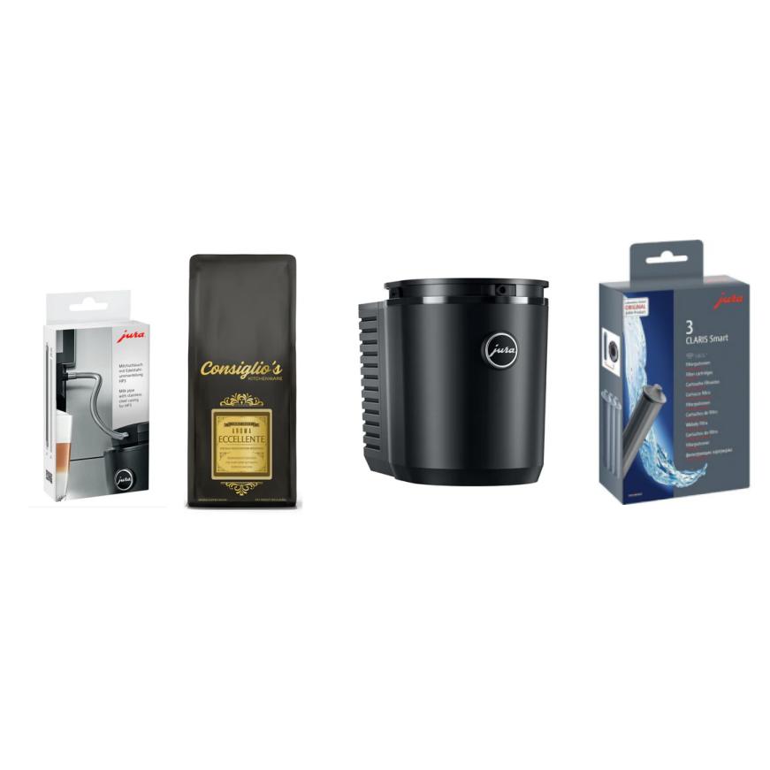 Jura 1L Cool Control Black, HP3 Milk Pipe, 3 Smart Filters, 1KG Aroma Eccellente Fresh Roast Coffee