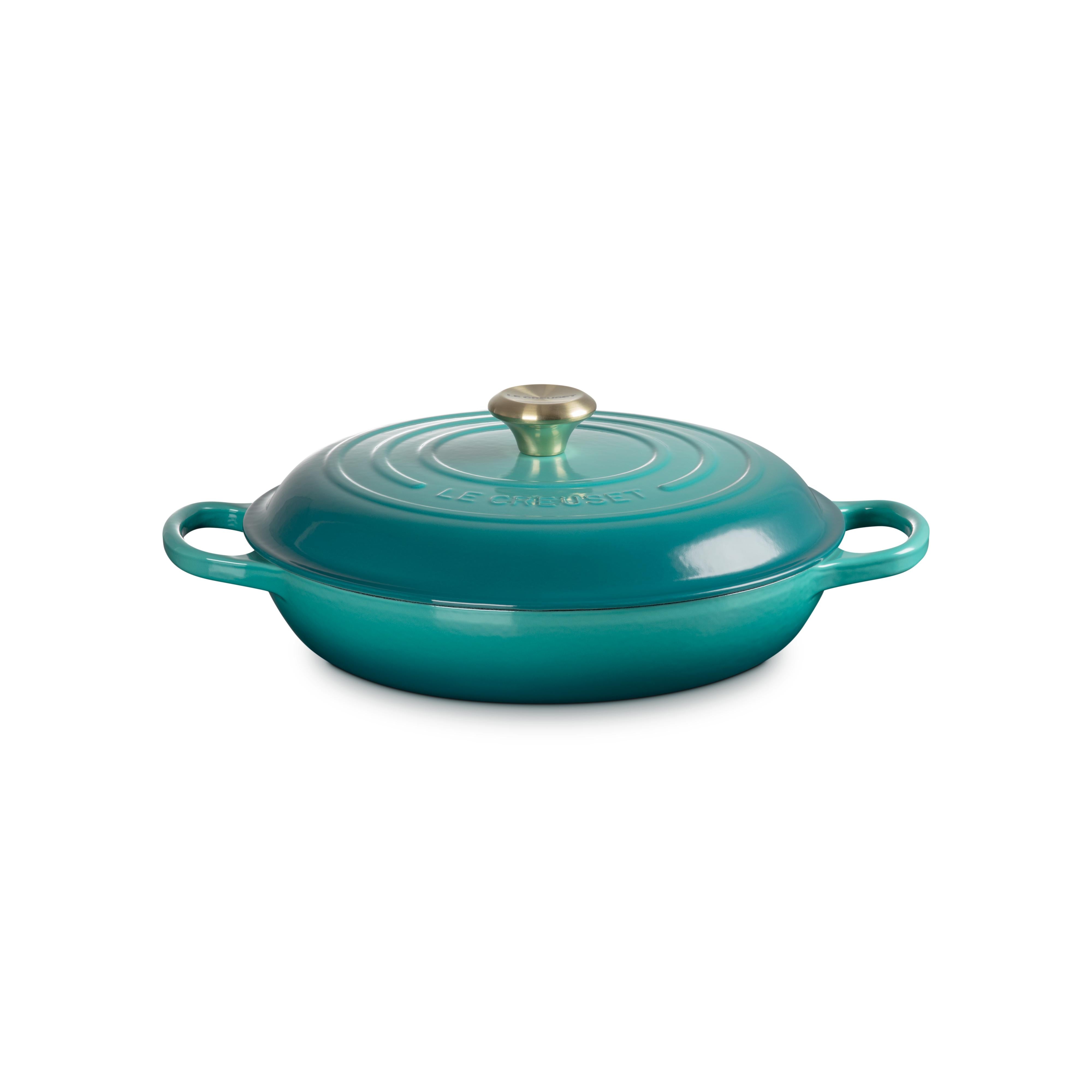 Le Creuset 3.5L Bleu Riviera Shallow Braiser (30 cm) Side with lid on