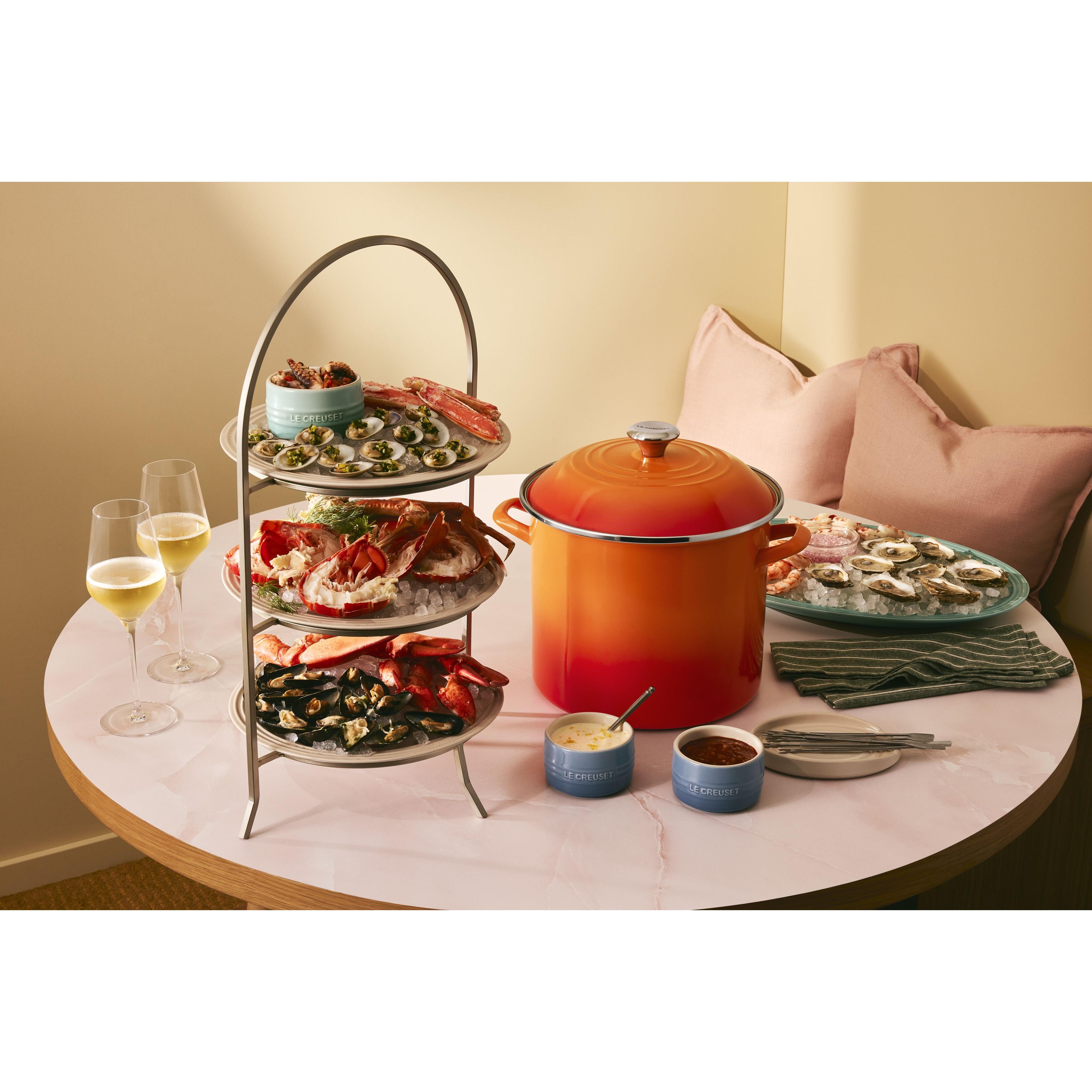 Le Creuset Volcanic Orange Enameled Steel Stock Pot  - 11.4L / 12 Qt Seafood Tower