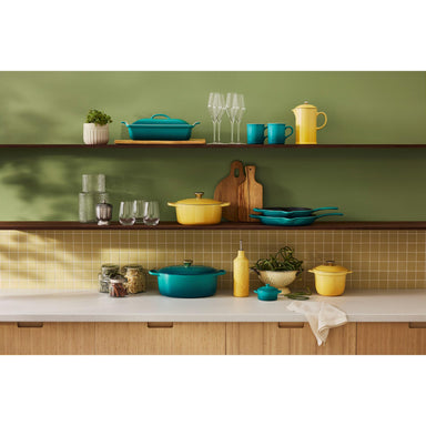 Le Creuset 3.8L Stoneware Bleu Riviera Rectangular Roaster with Lid Display Consiglio's Kitchenware
