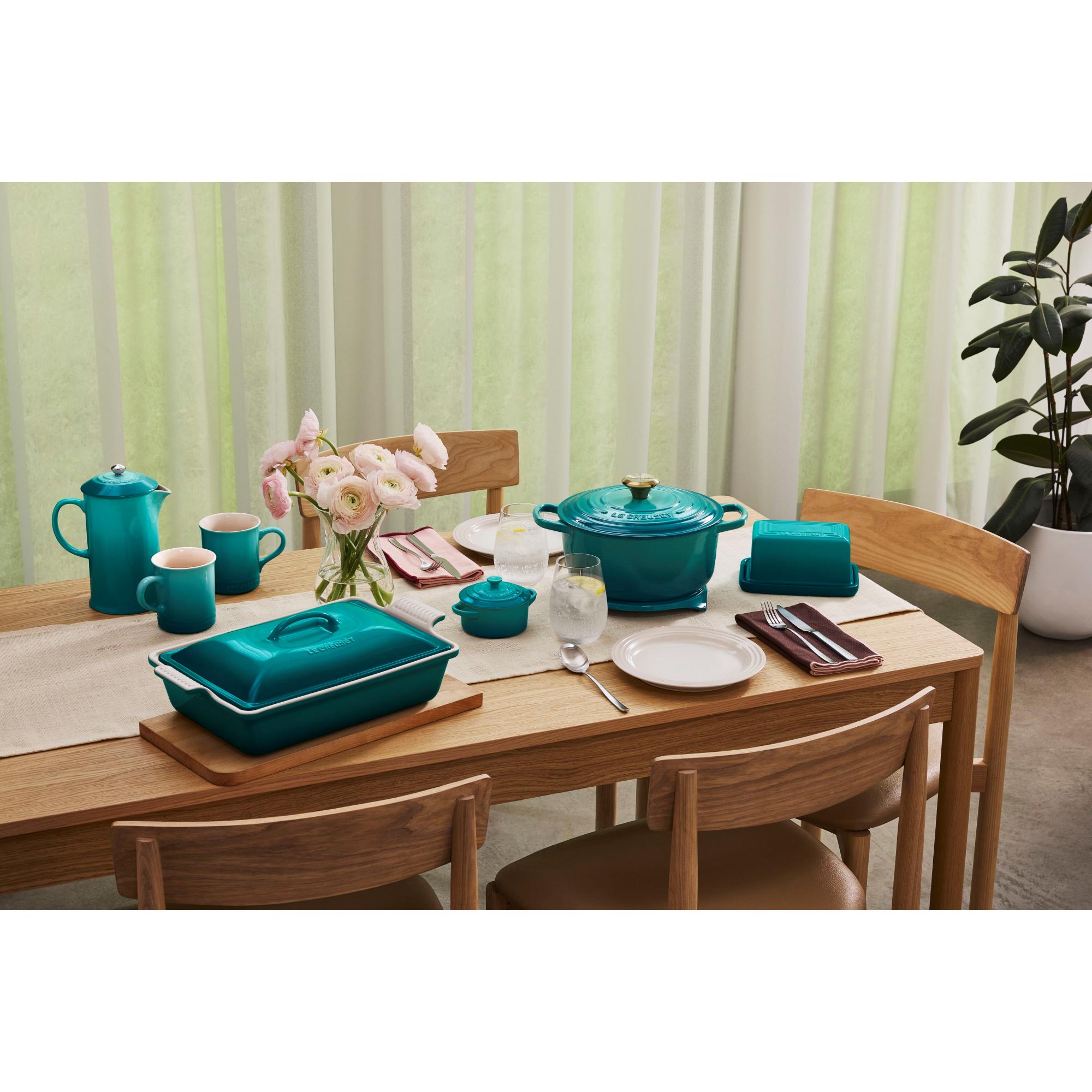 Le Creuset 3.8L Stoneware Bleu Riviera Rectangular Roaster with Lid Display Consiglio's Kitchenware