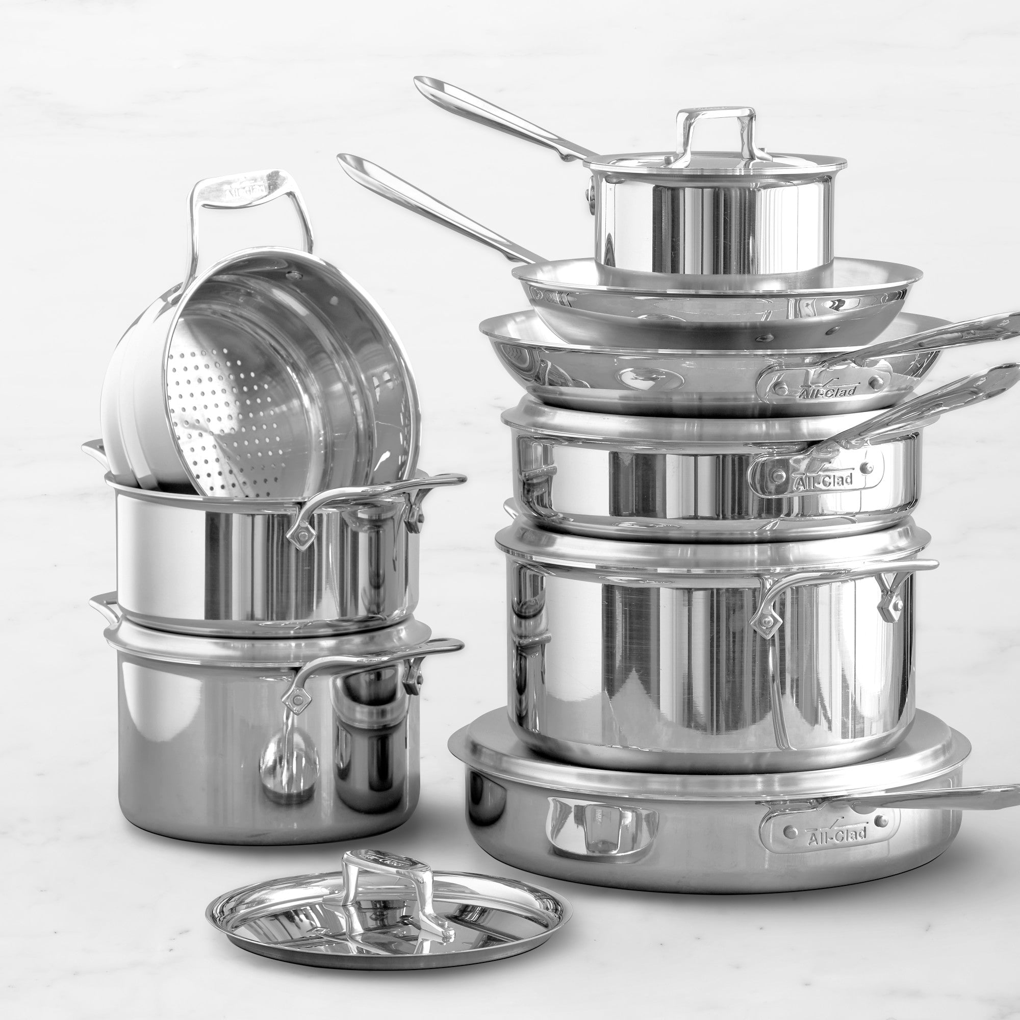 All-Clad 15 Piece D5 Polished Set - SD501015RR Stacked