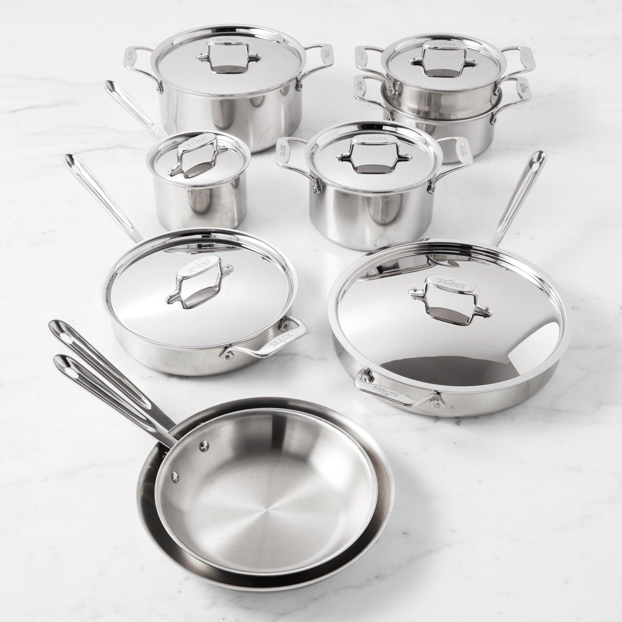 All-Clad 15 Piece D5 Polished Set - SD501015RR with Lids on