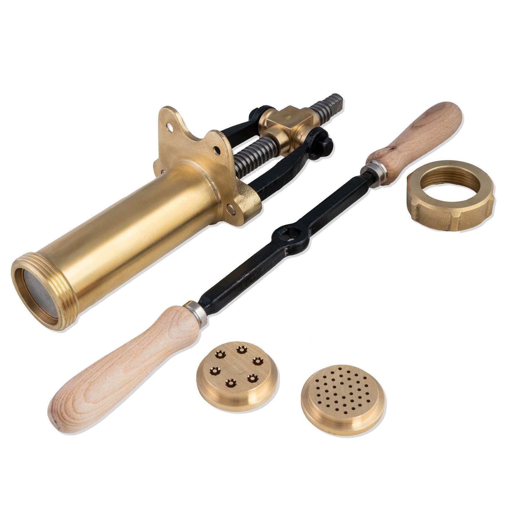 Bigolaro Premium Hand Pasta Extruder with Rigatoni and Spaghetti 2.5 mm Brass Dies Made in Italy with handle