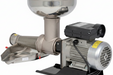 Stainless steel grinder with motor on a white background