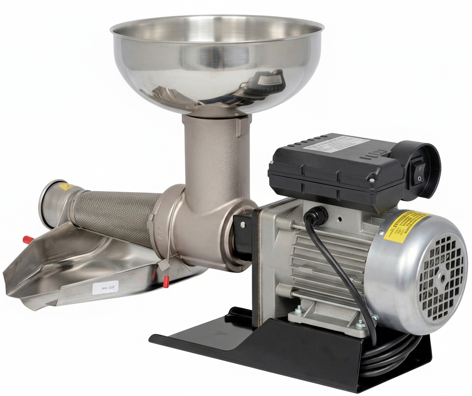 Stainless steel grinder with motor on a white background