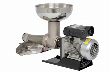 Stainless steel grinder with motor on a white background