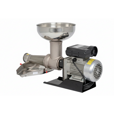 Stainless steel grinder with motor on a white background