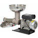 Stainless steel grinder with motor on a white background