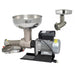 Stainless steel meat grinder on a white background
