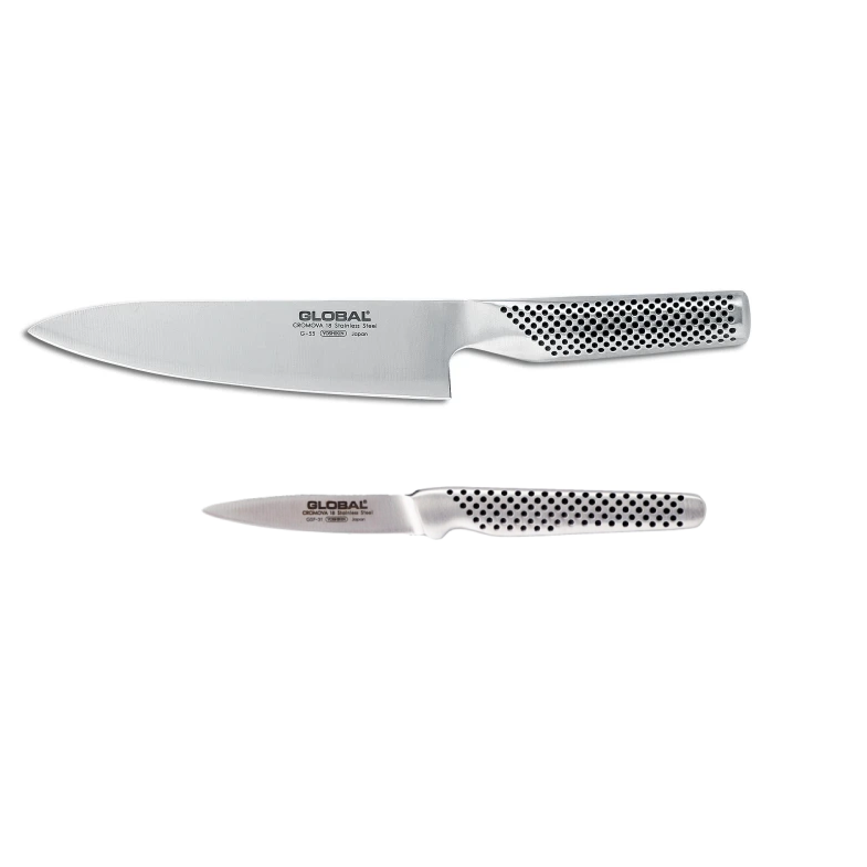 Global Cromova 18 Stainless Steel 2 Piece Kitchen Knife Set 3" Peeler and 7" Chef's Knife