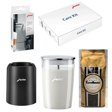 Jura Glass Milk Container, Glacette Black, HP3 Milk Pipe, Care Kit, Aroma Eccellente1KG Espresso Beans