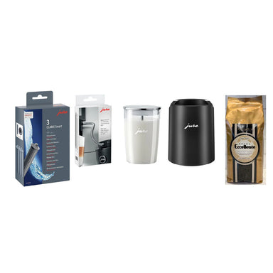 Jura Glass Milk Container, Glacette Black, HP3 Milk Pipe, Claris Smart Filter 3 Pack, Aroma Eccellente 1KG Espresso Beans