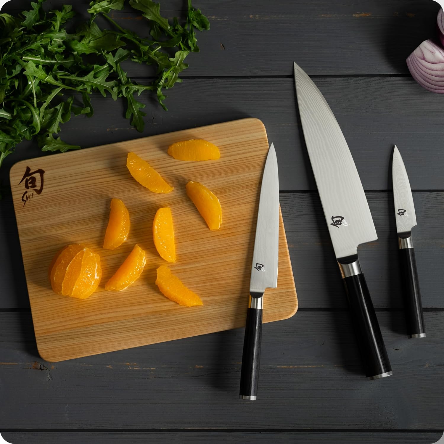 Shun Cutlery Classic 3 Piece Starter Set 8” Chef's Knife, 3.5” Paring 3.5", 6” Utility Knife DMS300 - Made in Japan Cutting Board