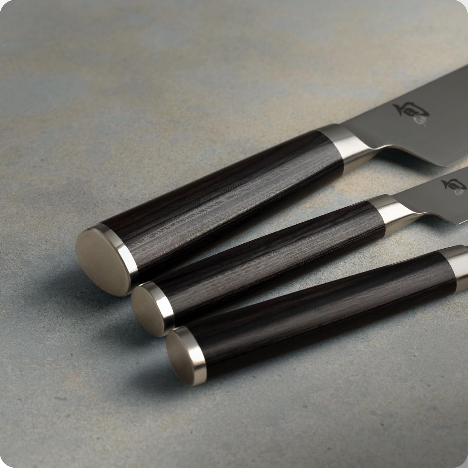 Shun Cutlery Classic 3 Piece Starter Set 8” Chef's Knife, 3.5” Paring 3.5", 6” Utility Knife DMS300 - Made in Japan Handles