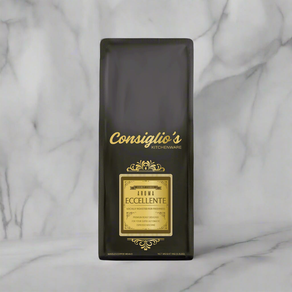 Consiglo's aroma eccellente fresh roast espresso coffee in the latest packaging. 