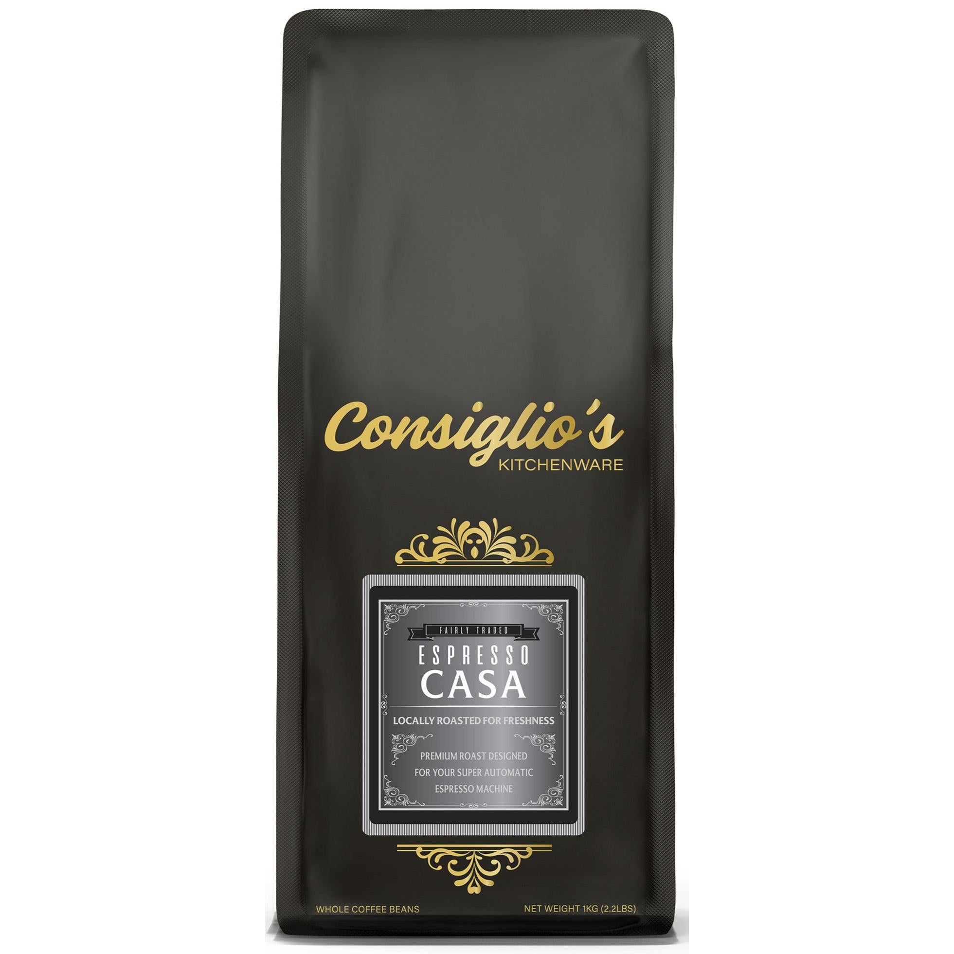 Black coffee bag with 'Consiglio's' branding on a white background