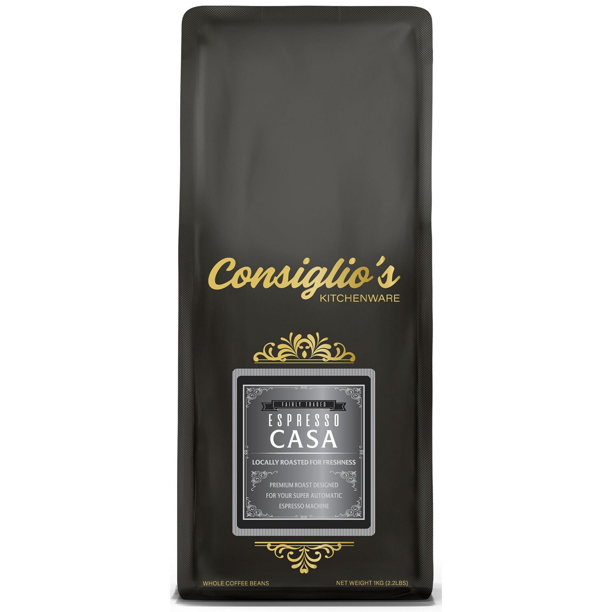 Black coffee bag with 'Consiglio's' branding on a white background