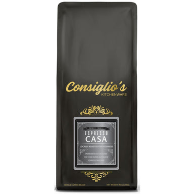 Black coffee bag with 'Consiglio's' branding on a white background
