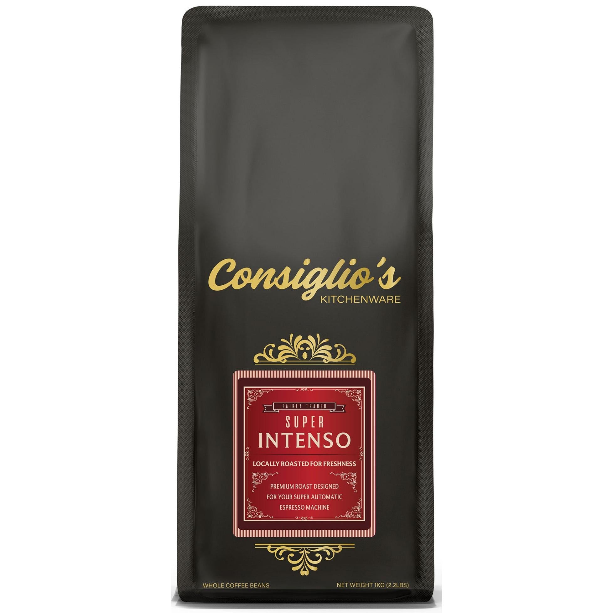 Black coffee bag with 'Consiglio's' branding on a white background