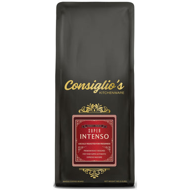 Black coffee bag with 'Consiglio's' branding on a white background