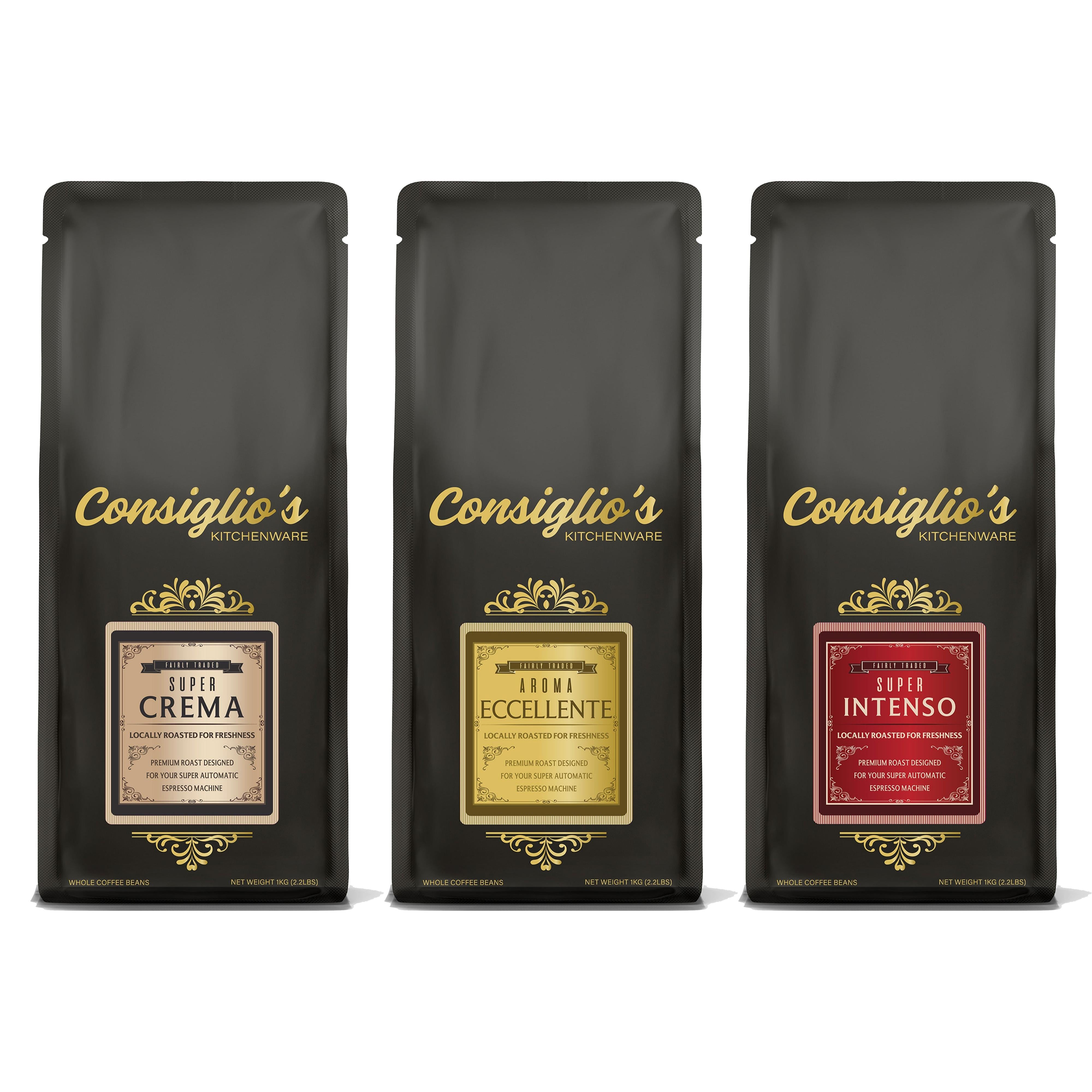 Consiglios tasters trio of fresh roast espresso coffee. 