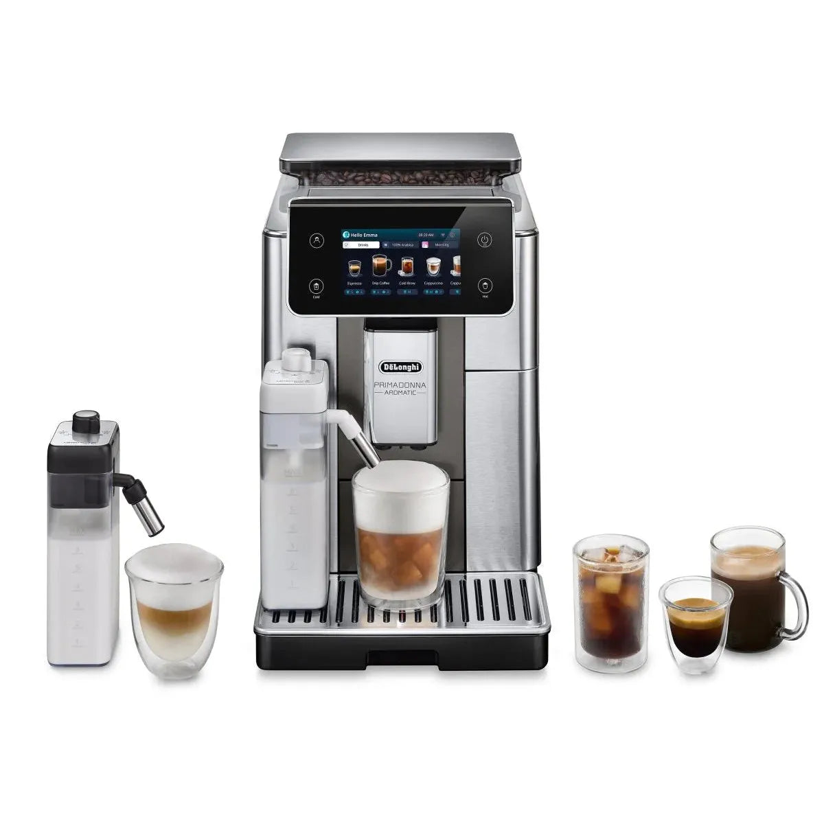 De'Longhi coffee machine with various coffee beverages on a white background