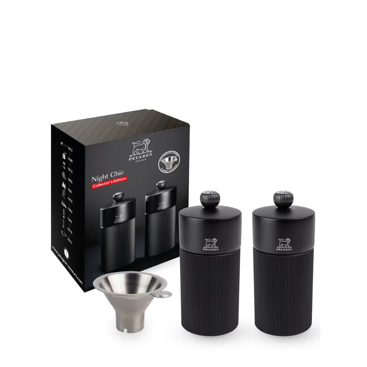 Peugeot Night Chic Gift Set Pepper and Salt Mill with Funnel 12 cm Black - Made in France