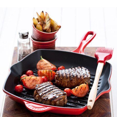 Le Creuset Cherry Red Square Grill Steak Dinner
